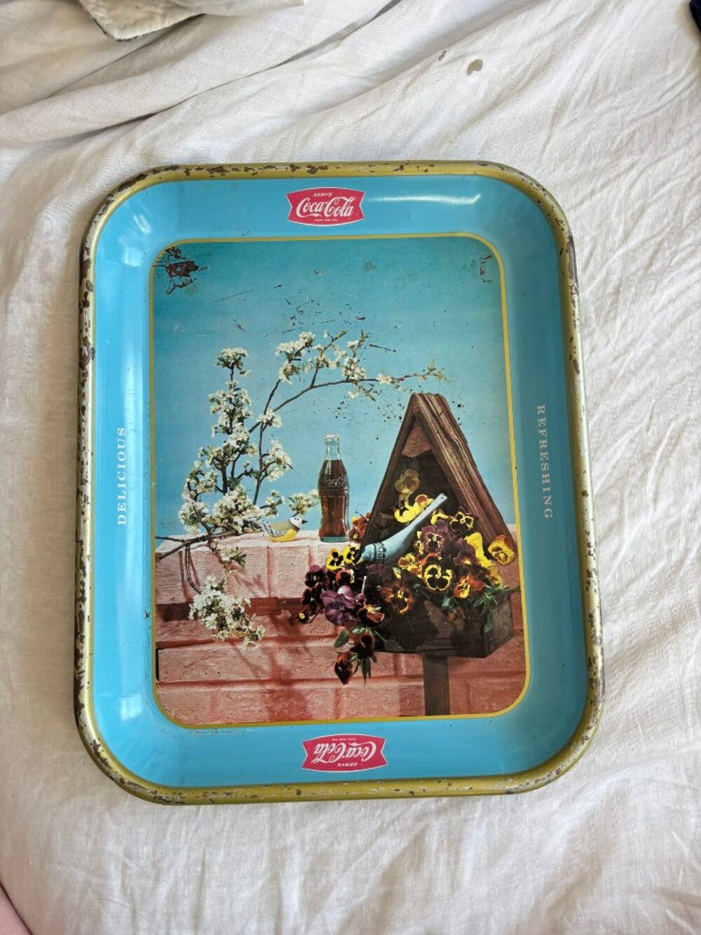 Vintage Coca-Cola Serving Tray Blue Yellow 1957 rare